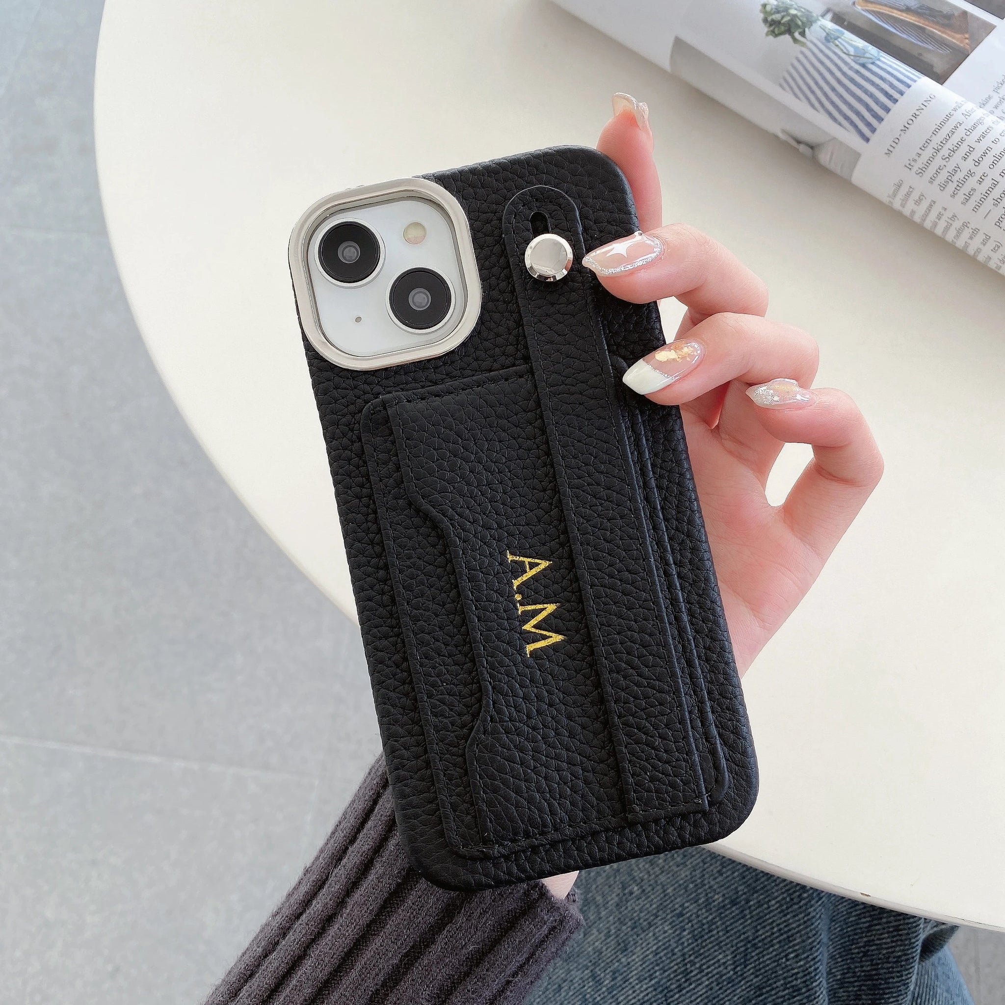 Customized Genuine Engraved Name Letter Leather Phone Case iPhone 15 14 13 12 11Promax Personalized Wristband CardHolder Cover