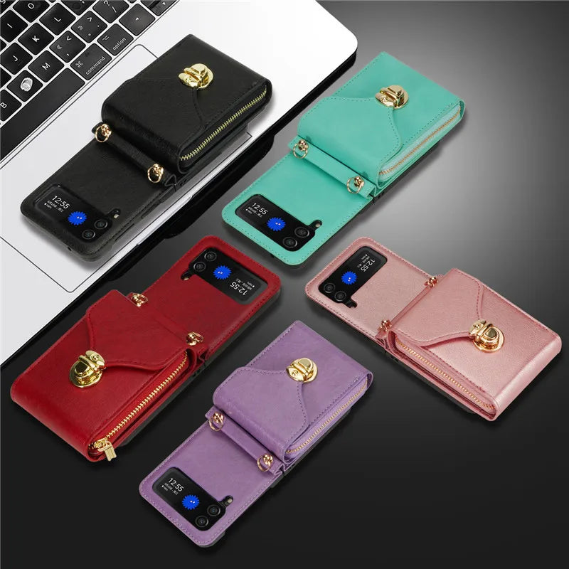 Lanyard Leather Zipper Wallet Card Slot Phone Case for Samsung Galaxy Z Flip 3/4/5