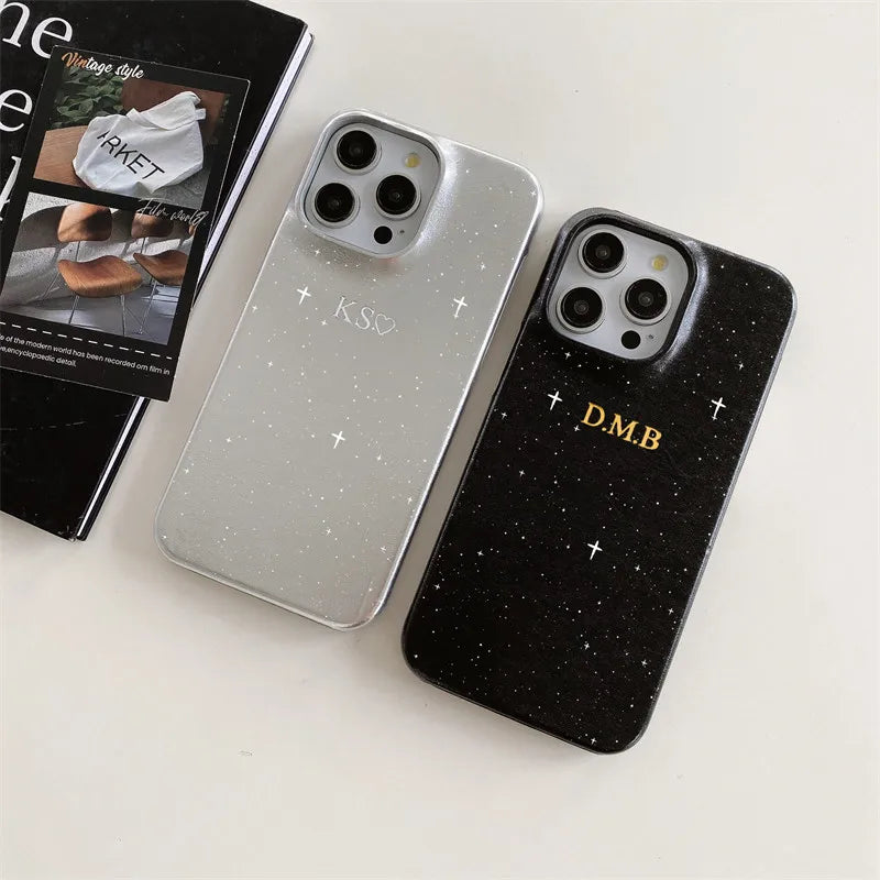 Customized Gold & Silver Letters Glitter PU Leather Stars Case for iPhone 11-16 Pro Max｜Luxury Metallic Hard Cover