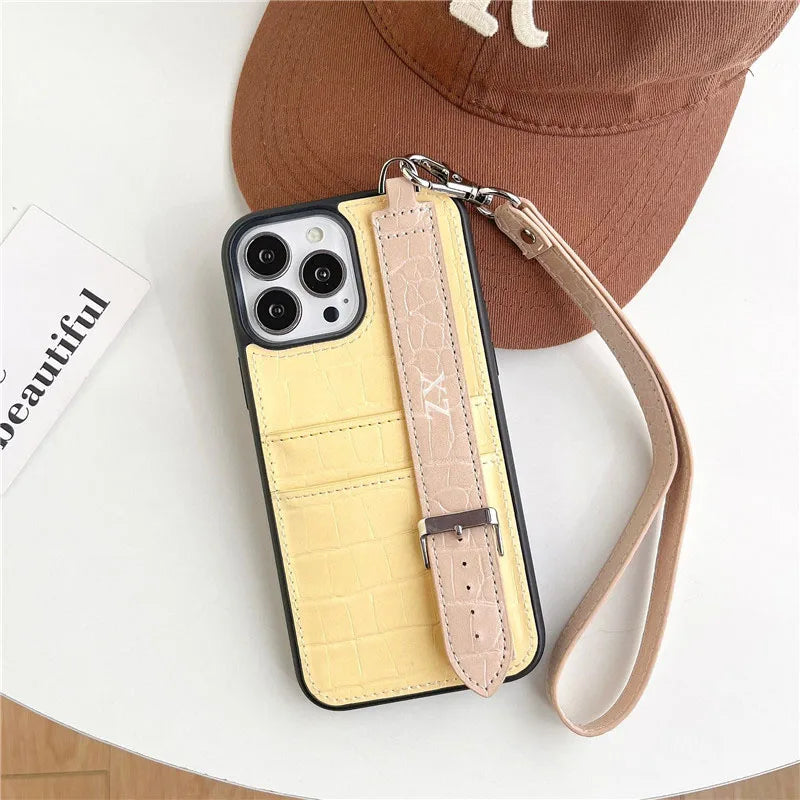 Customized Gold Letters PU Leather Card Holder Cases For iphone 12 13 14 15 16 Pro Max Pro Plus Luxury Wrist Strap hard Cover