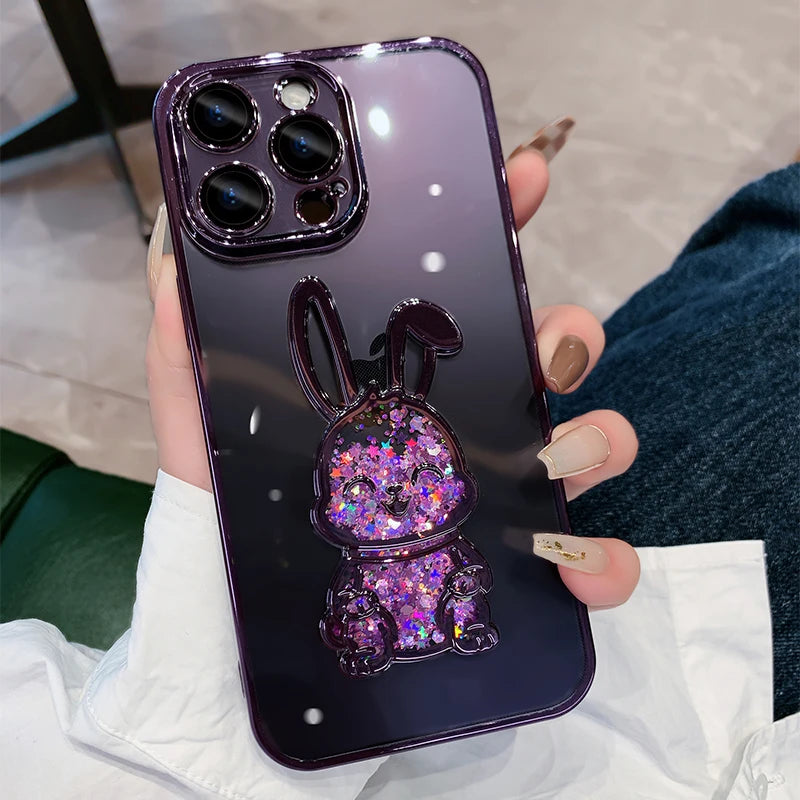 Cute Rabbit & Bear Quicksand Glitter Case for iPhone Transparent Camera Protector Cover