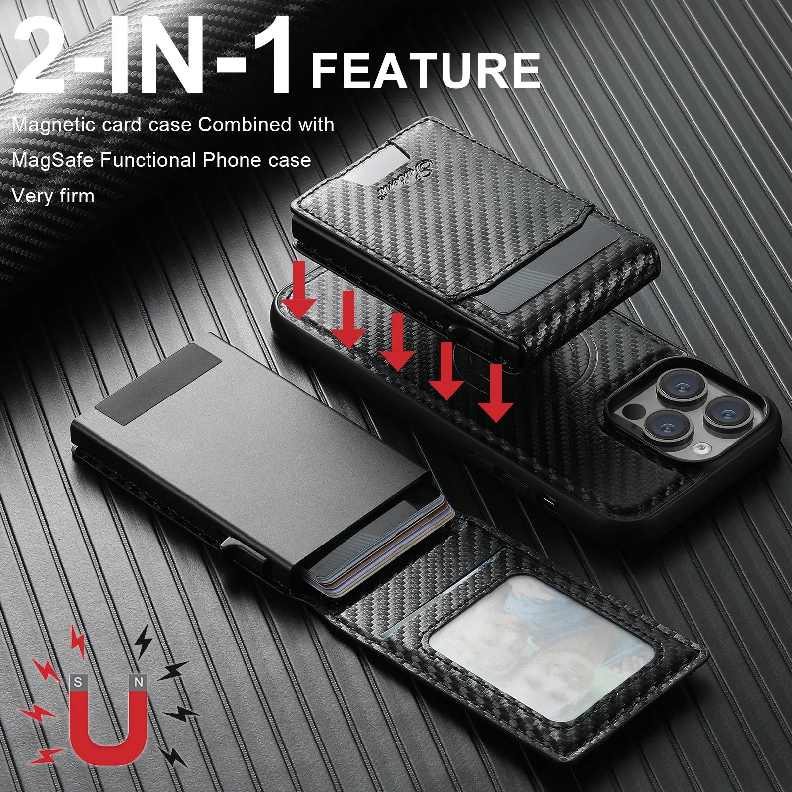 Carbon Fiber Leather 2in1 Card Box Magnetic Phone Case For iPhone 16 15 14 13 12 Pro Max Plus Wallet For Wireless Charging Cover