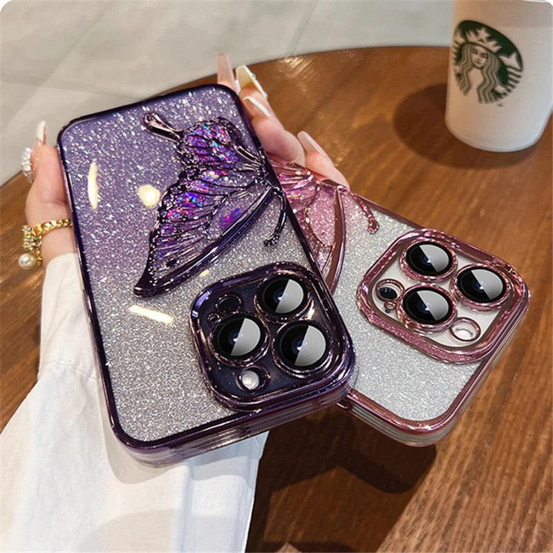 Plating Bumper Flash Glitter Butterfly Phone Case For iPhone Lens Protector Cover