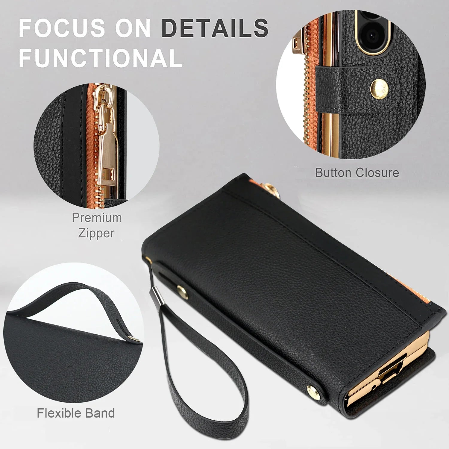 Multifunctional Zipper Cards Slot Wallet Leather Pen Holder Case for Samsung Z Fold 6, Z Fold 5, Z Fold 4, Z Fold 3, 5G - Wrist Strap Finger Grip Bag Cover