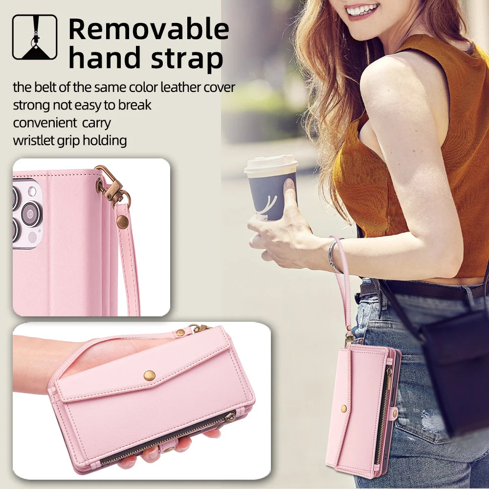 Card Slots Wallet Crossbody Phone Case For iPhone | Leather Flip Cover With Strap