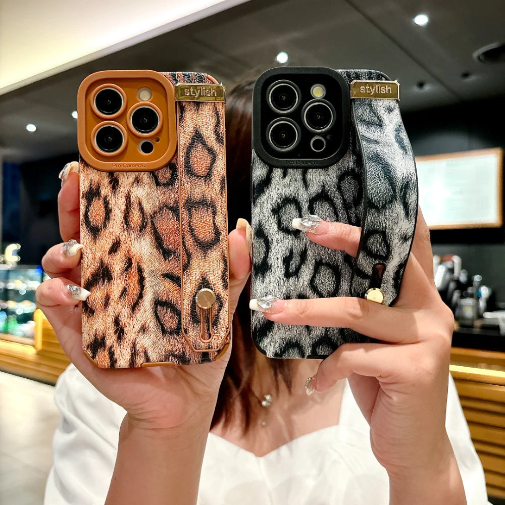 Luxury Cortex  Leopard Print Wrist Strap Phone Case For iPhone 11 12 13 14 15 16 Pro Max 16 Plus Soft Hand Band Bumper  Cover