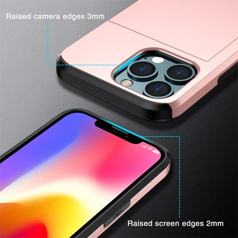 Phone Case for iPhone with Credit Card Holder, Shockproof, Sliding Slot Heavy Duty Protection Dual Layer Armor Shell Cover