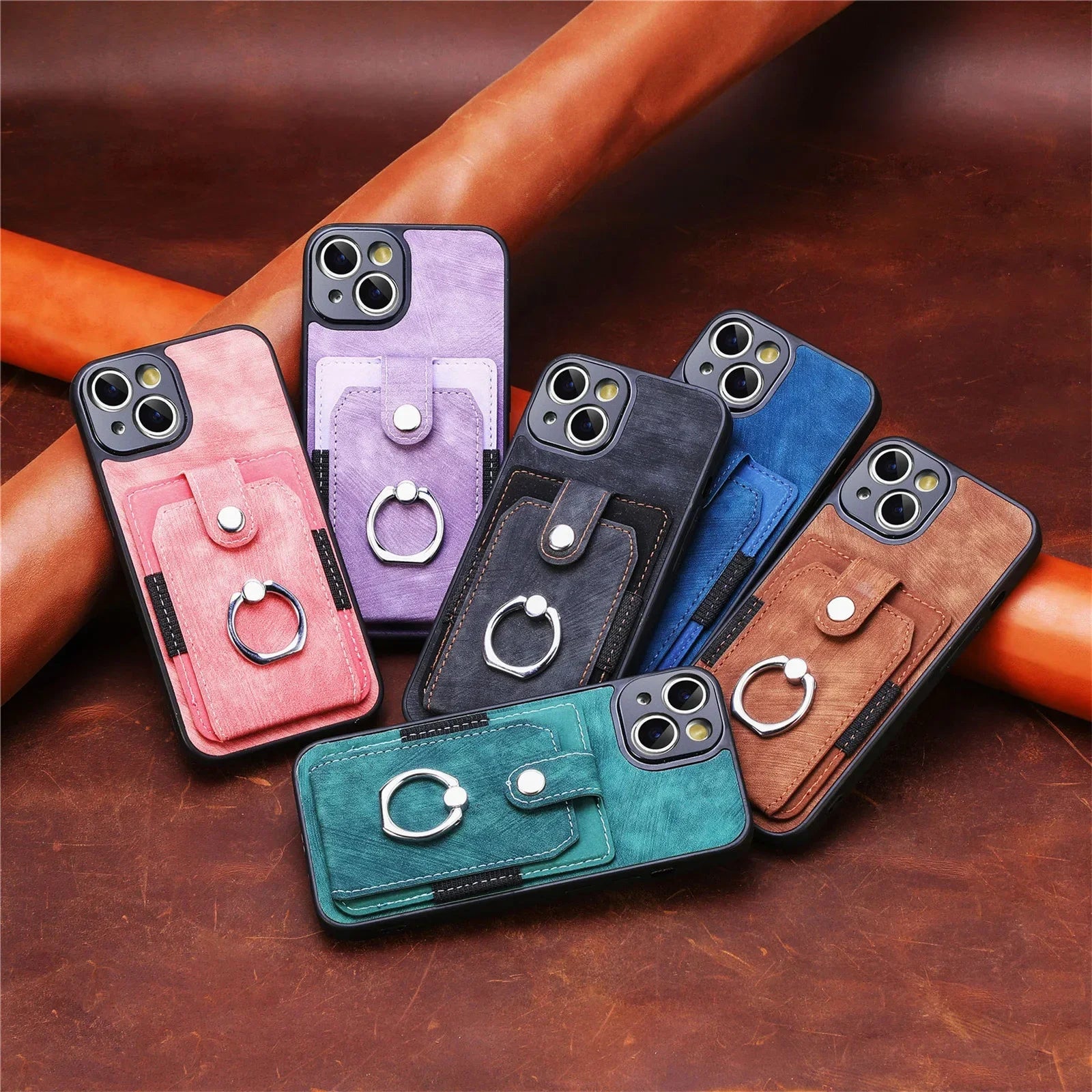 Wallet Card Slot Phone Case For iPhone 15 14 13 12 11 Pro Max Plus Magnetic Finger Ring Holder Leather Cover Casing