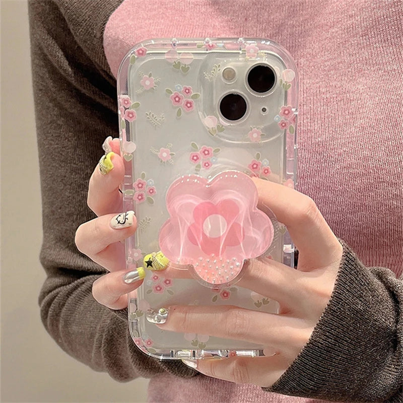 Cute Quicksand Pink Flower Holder Phone Case For iPhone Stand Floral Clear Soft Cover