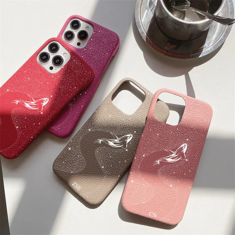 Personalized Initial Letters Pebble Grain Leather Case with Stars & Whale Design for iPhone 11-16 Pro Max｜Luxury Hard Cover