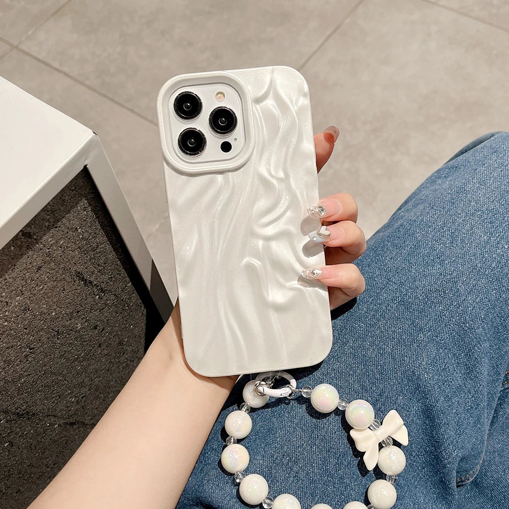 3D Fold Pattern Pearl White Color Phone Case For iPhone 15 14 13 12 11 Pro Max Bracelet Soft Shockproof Back Cover