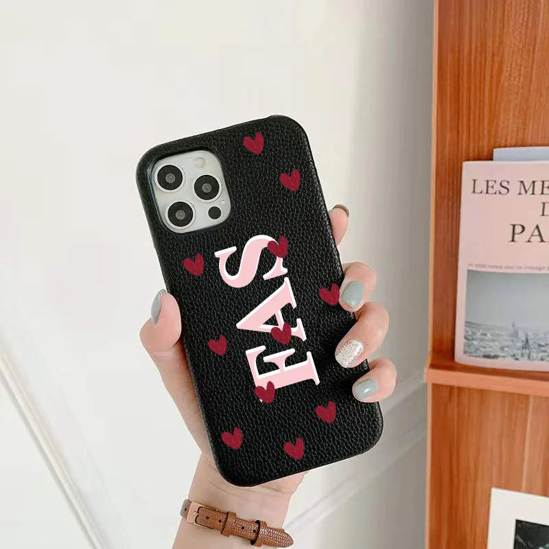 Personalized Love Hearts PU Leather Case with Custom Name & Initials for iPhone 11-16 Pro Max｜Luxury Hard Half-Wrapped Cover