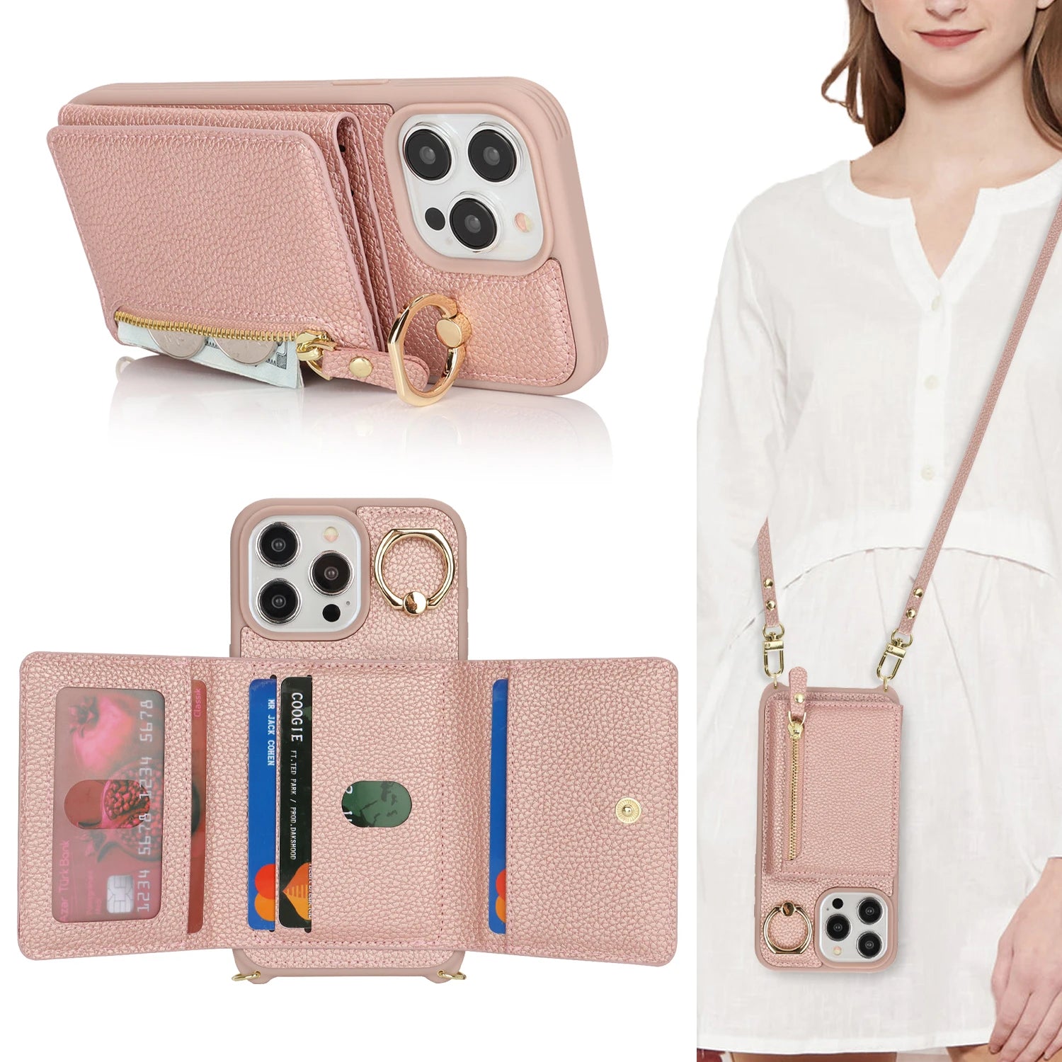 Leather Phone Wallet Case For Iphone Protective Leather Cover Ring Holder Zipper Cards Holder