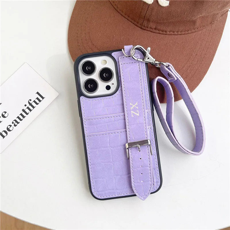 Customized Gold Letters PU Leather Card Holder Cases For iphone 12 13 14 15 16 Pro Max Pro Plus Luxury Wrist Strap hard Cover