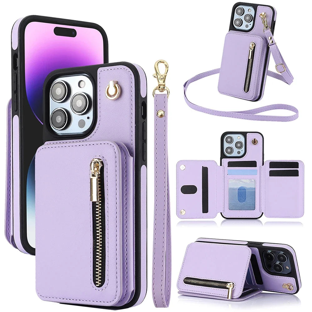 Crossbody Lanyard Zipper Wrist Strap Wallet with Card Holder Phone Case for iPhone 16 -11 Cover