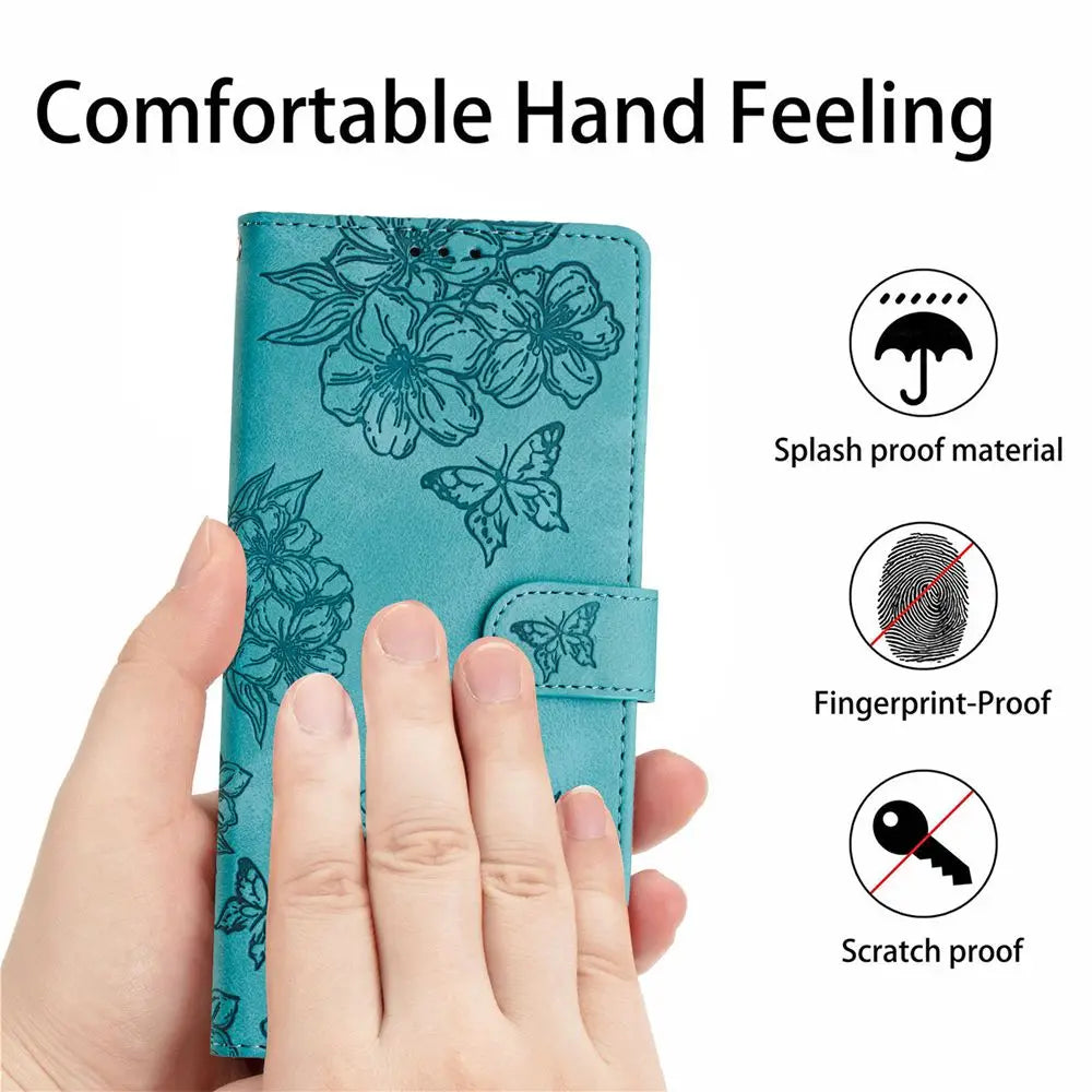 Flower & Butterfly Leather Wallet Flip Phone Case for iPhone 16 15 14 13 12 11 Pro Max Plus Mini X XR – Card Holder, Shockproof, Stand, Magnetic Closure