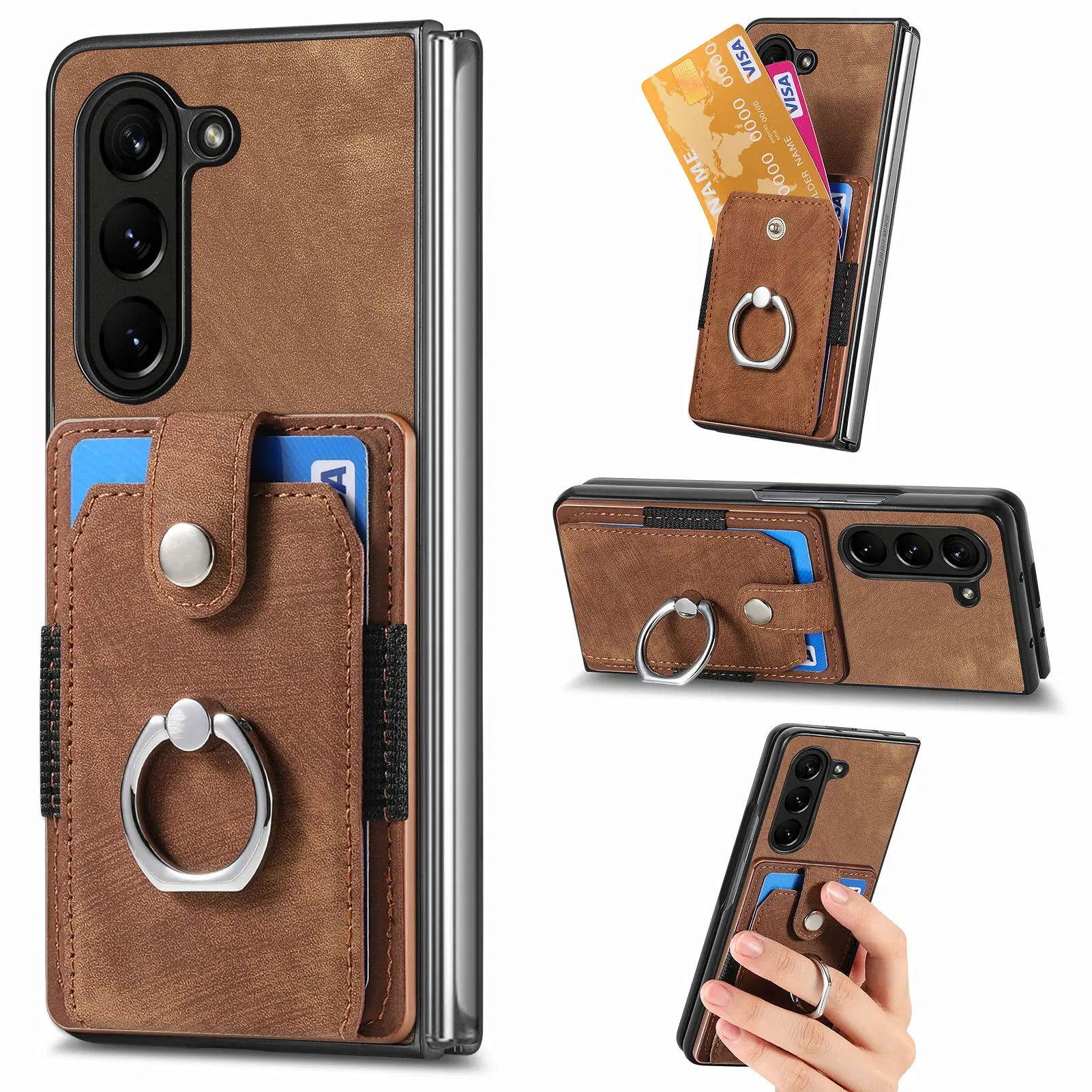 Vertical Cards Solt Ring Holder Leather Wallet Case for Samsung Z Fold 4 5 6 Thin Bag Anti Drop Magnetic Cover