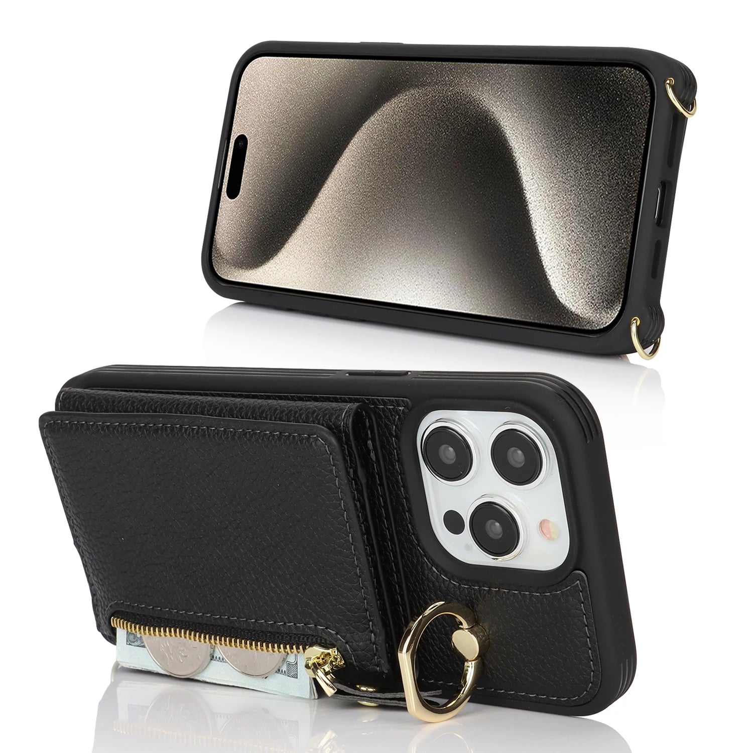 Leather Phone Wallet Case For Iphone Protective Leather Cover Ring Holder Zipper Cards Holder