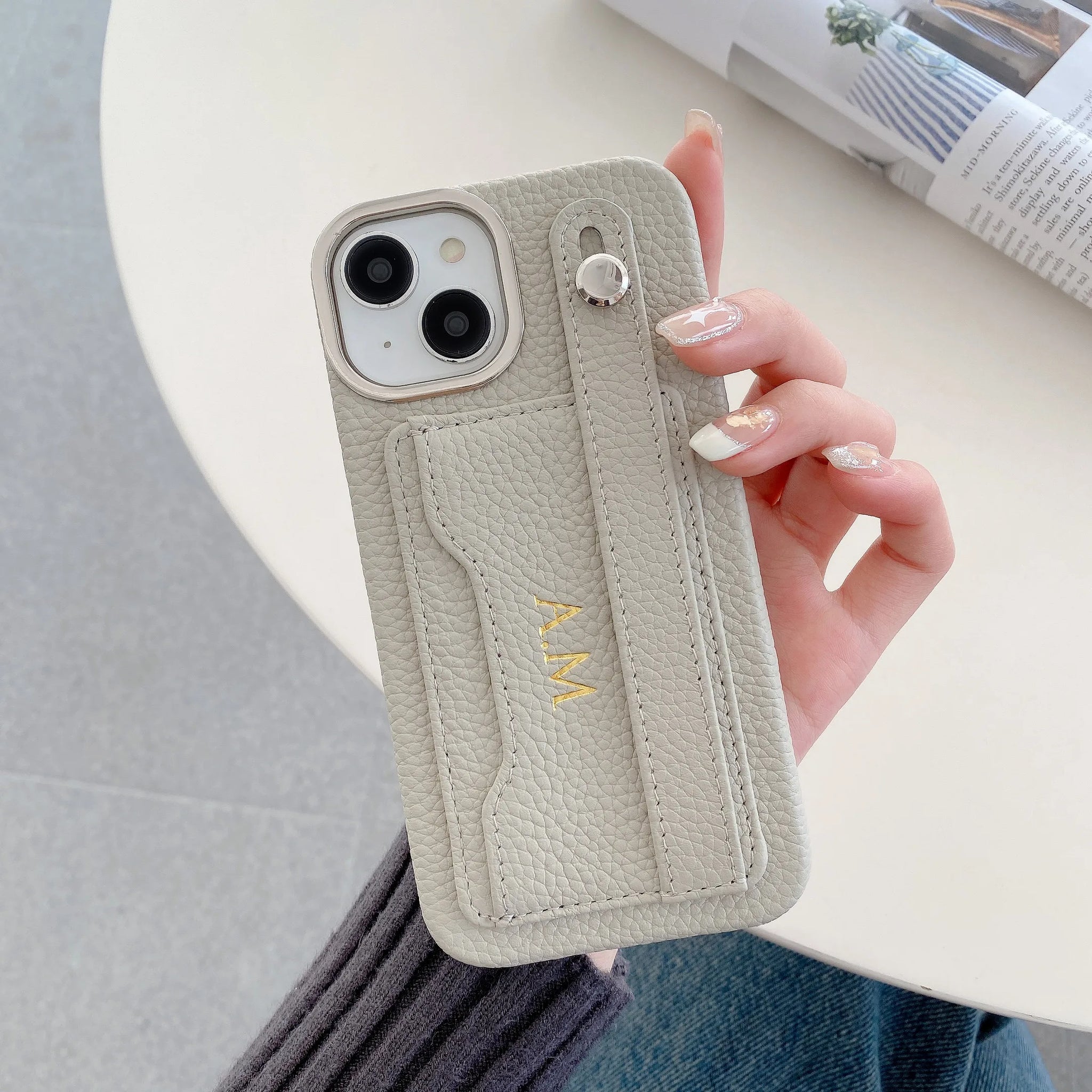 Customized Genuine Engraved Name Letter Leather Phone Case iPhone 15 14 13 12 11Promax Personalized Wristband CardHolder Cover