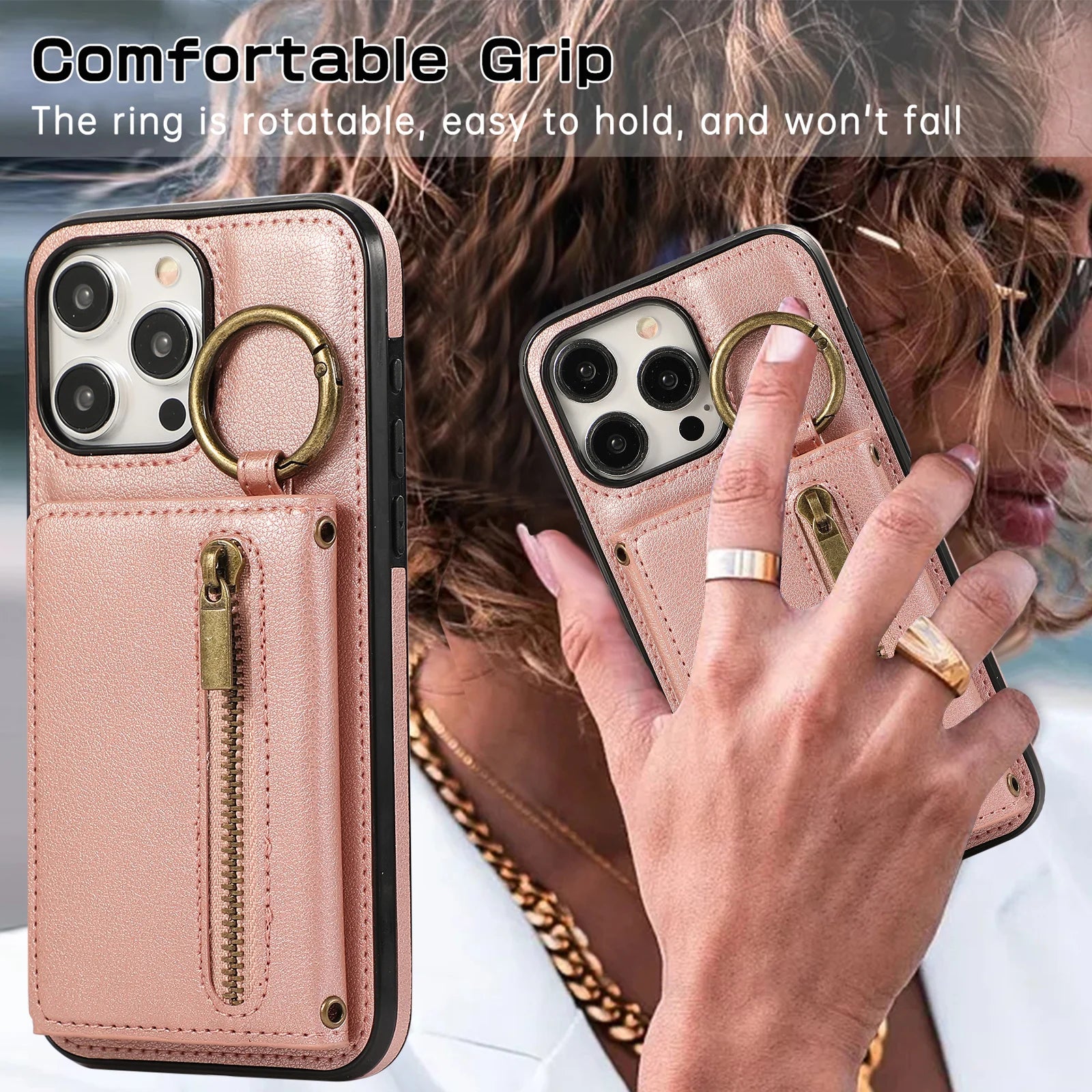 Best Sellers,Triple Wallet Leather Zipper Case Crossbody Cards Slot Ring Holder Case for iPhone 16 15 14 13 12 Pro Max Plus