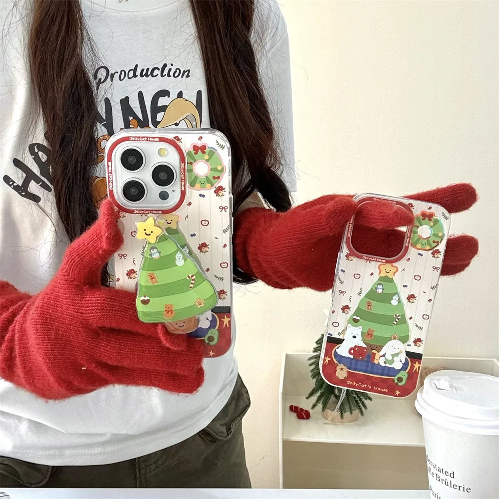 New Year Christmas Tree style Phone Bracket Case for IPhone 16 15 14 Pro Max 11 13 12 Mini Plus Grip Tok Stand Holder Back Cover