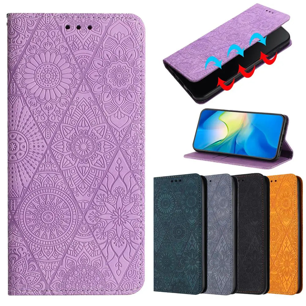 Flower Leather Wallet Flip Phone Case for iPhone 16 15 14 13 12 11 Pro Max Plus Mini X XR – Card Holder, Shockproof, Stand, Magnetic Closure