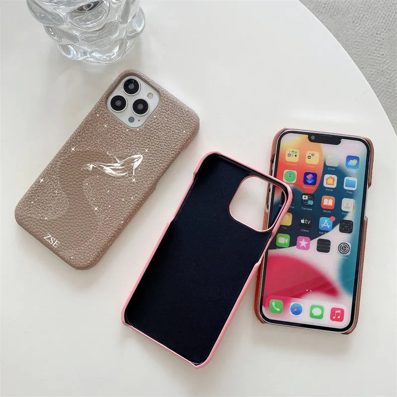 Personalized Initial Letters Pebble Grain Leather Case with Stars & Whale Design for iPhone 11-16 Pro Max｜Luxury Hard Cover