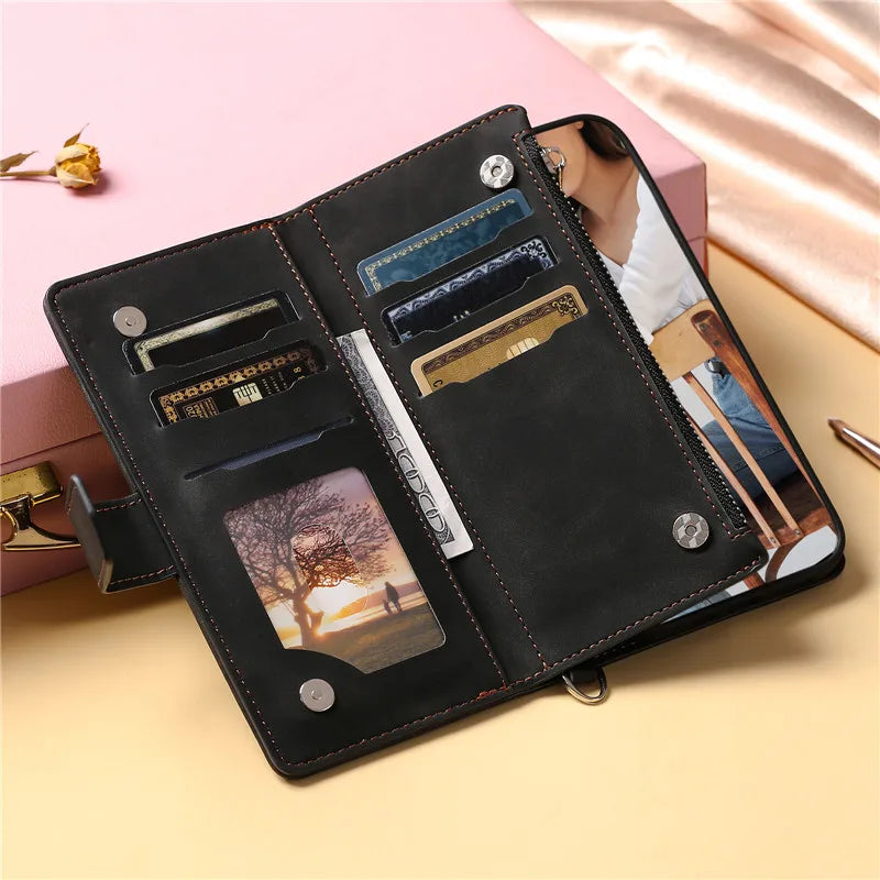 Long Lanyard Flip Leather Phone Case For iPhone Zipper Wallet Card Cover