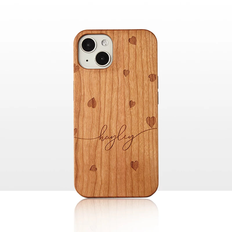 Personalized Custom Text Name Real Wood Phone Case For iPhone 15-12 Cherry Walnut Wooden Cover