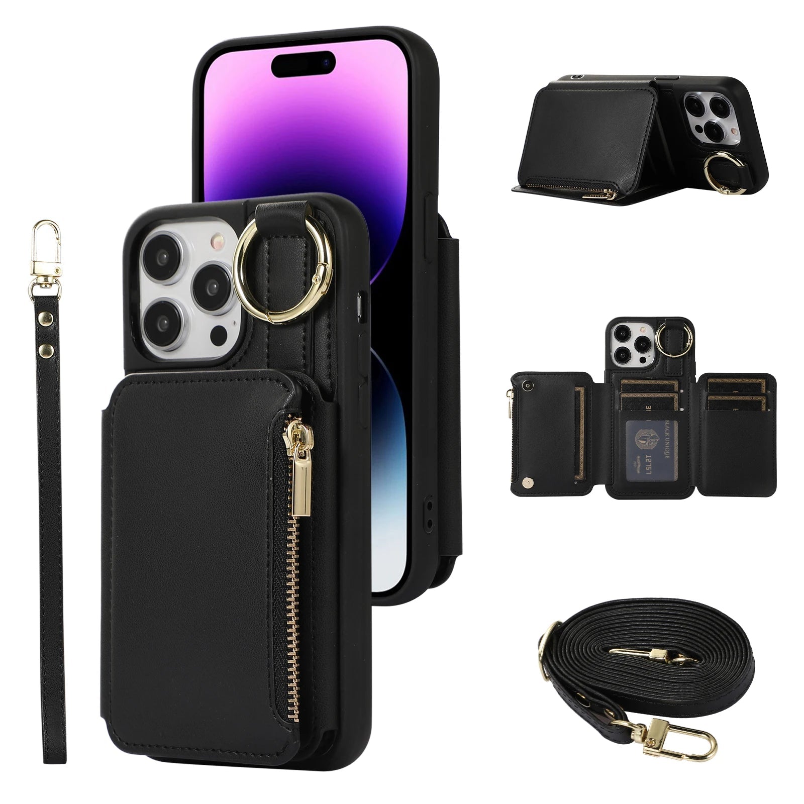 5-Card Slot Zipper Leather Wallet Phone Case for iPhone – Dual Layer, Ring Holder, Crossbody & Anti-Drop Cover with Long & Short Straps