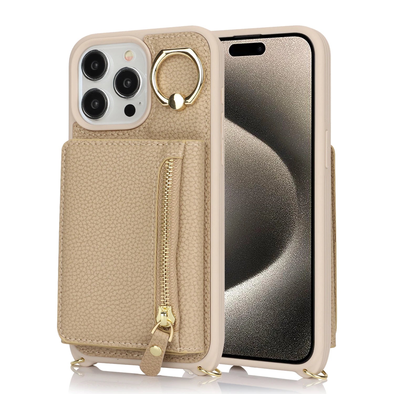 Leather Phone Wallet Case For Iphone Protective Leather Cover Ring Holder Zipper Cards Holder