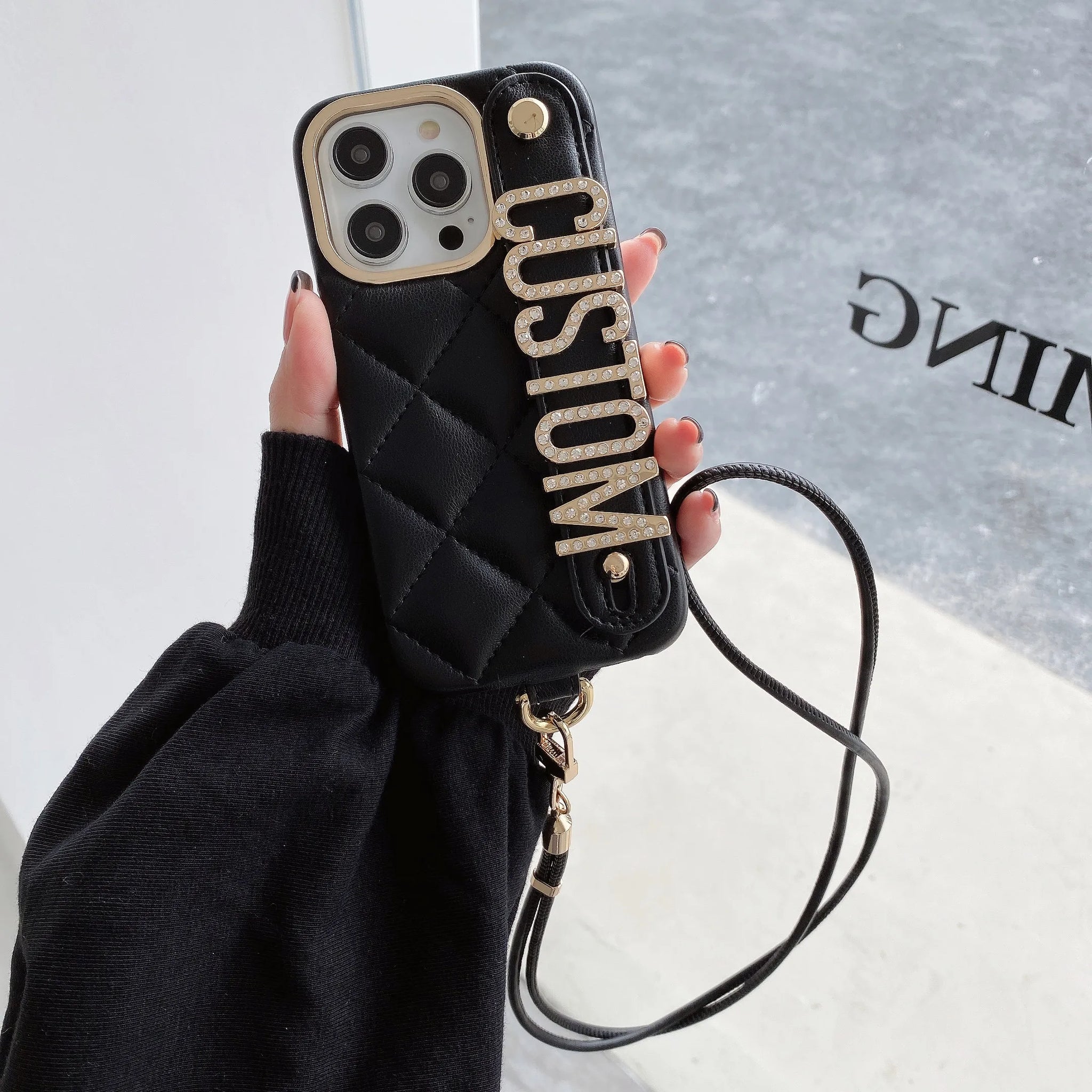 Personalization Leather Phone Case for iPhone16 15 14 13 12 11 Pro Max Plus Name Letter Wristband Crossbody Lanyard Cover