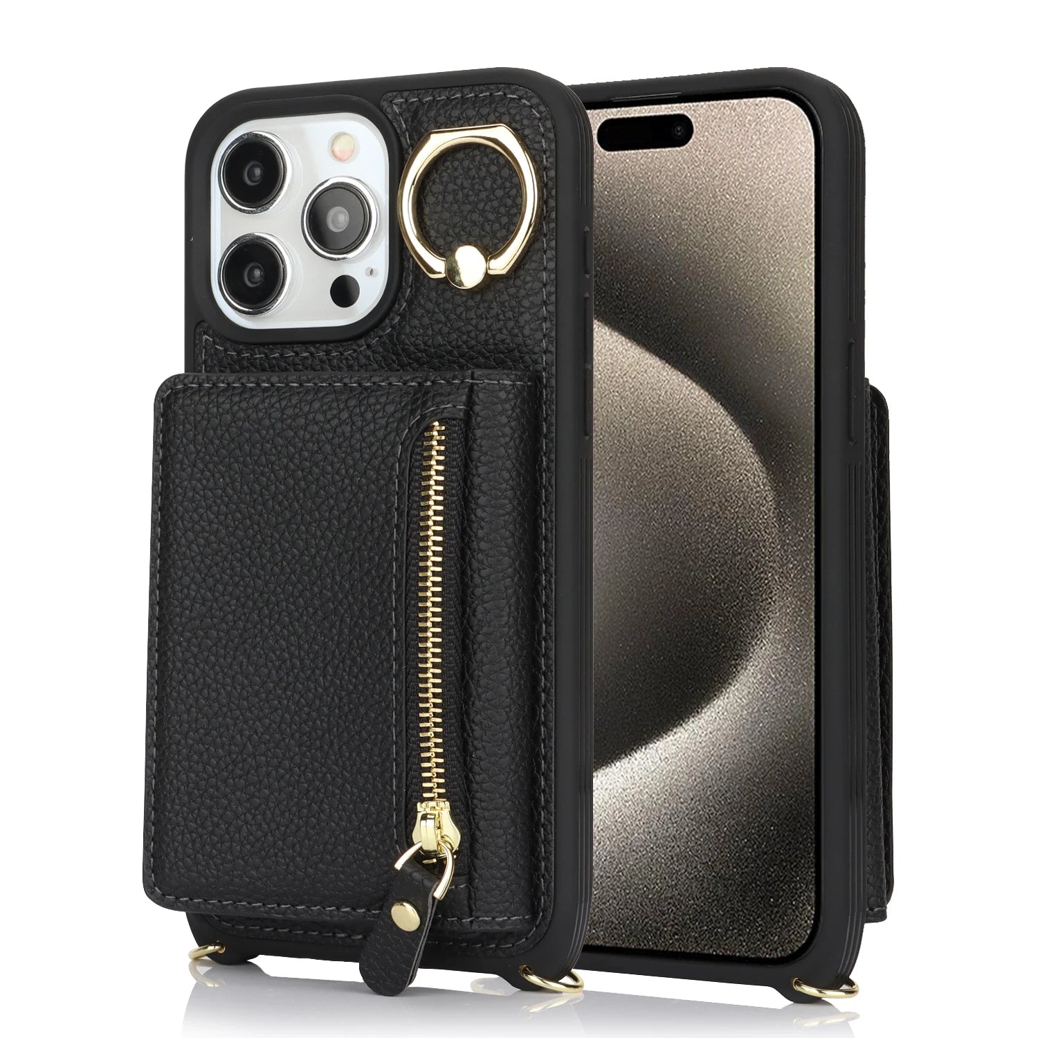 Leather Phone Wallet Case For Iphone Protective Leather Cover Ring Holder Zipper Cards Holder