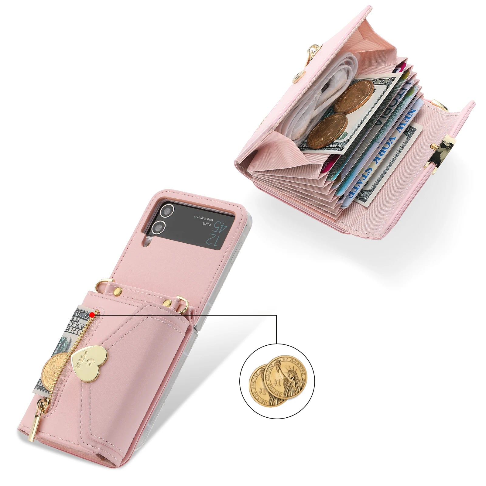 Zippered Cards Wallet Phone Case for Samsung Galaxy Z Flip5 Flip6 Flip4 Hinge Coverage Leather Cover With Strap