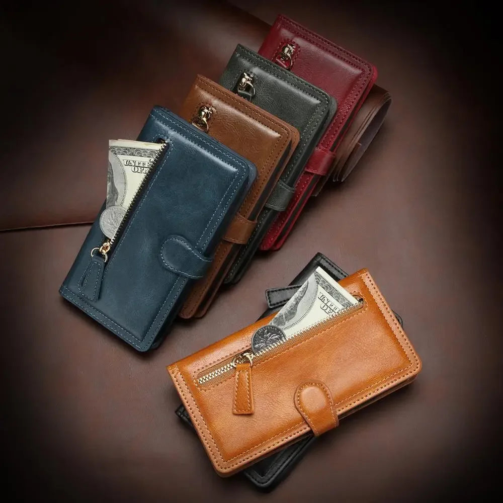 Leather Zipper Flip Wallet Case