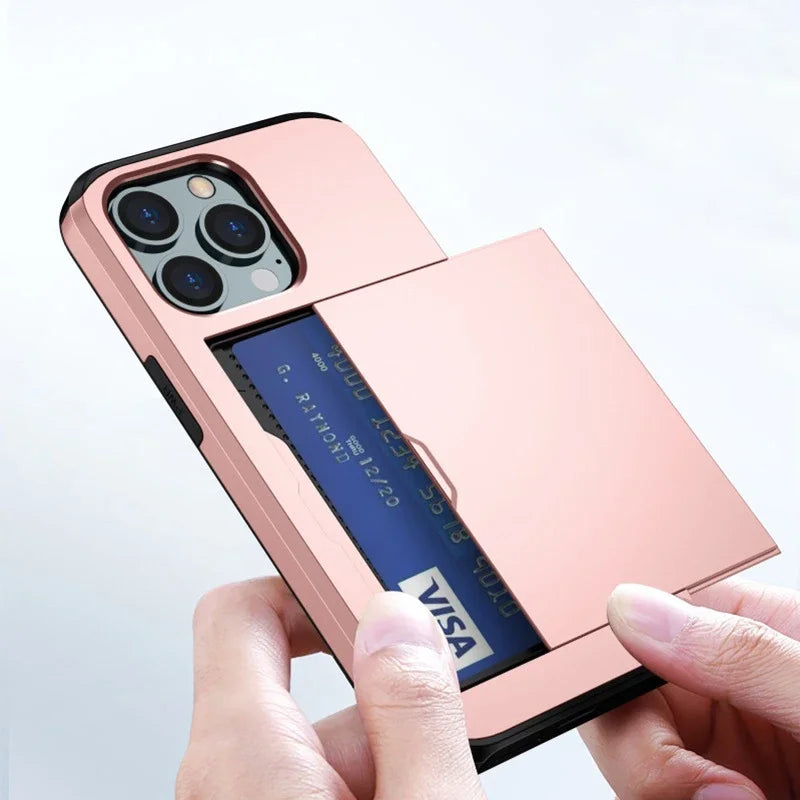 Phone Case for iPhone with Credit Card Holder, Shockproof, Sliding Slot Heavy Duty Protection Dual Layer Armor Shell Cover