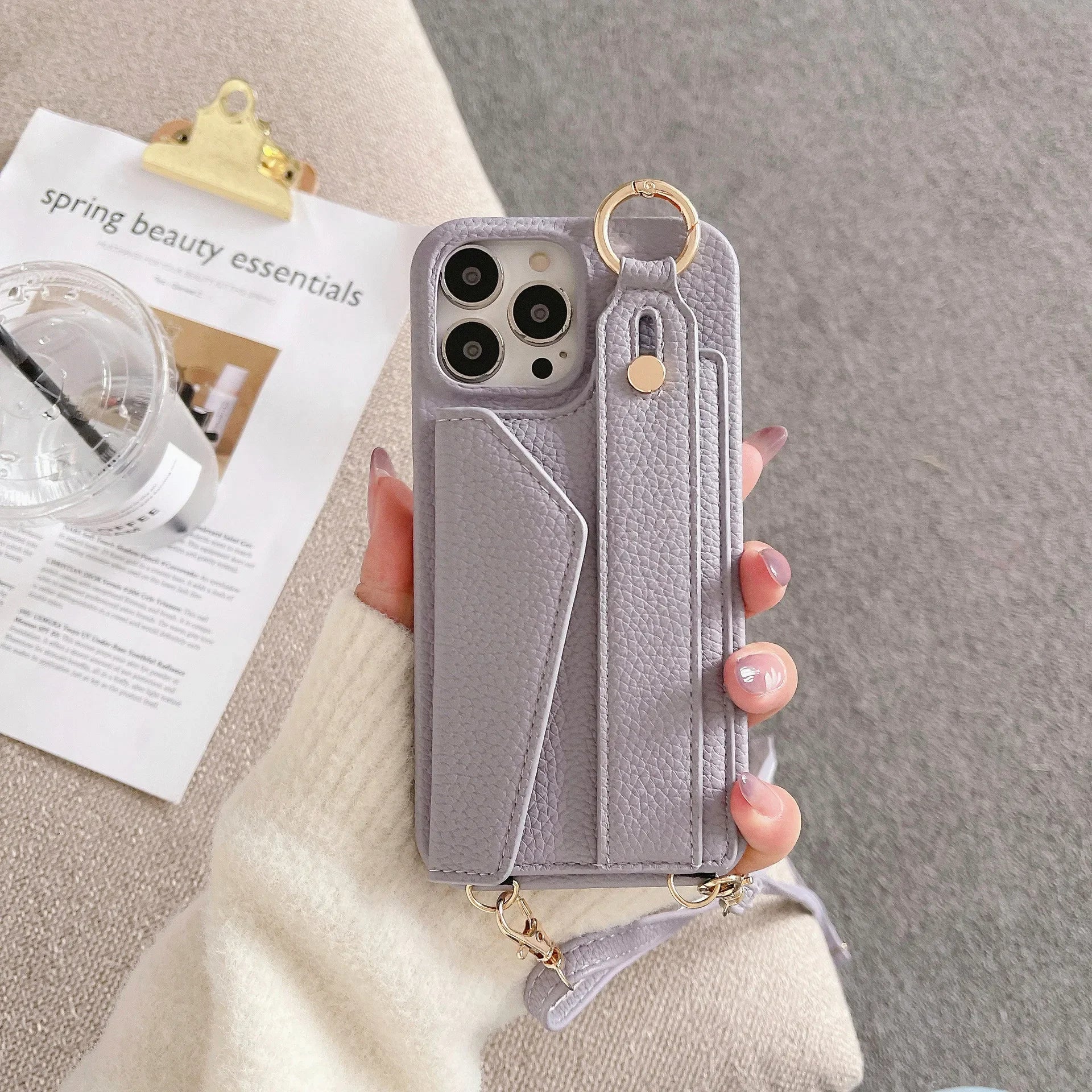 Ring Crossbody Wrist Strap Wallet Leather Cover for IPhone 16 15 14 13 12 11 Pro Max Phone Case with Card Slot Holder Lanyard