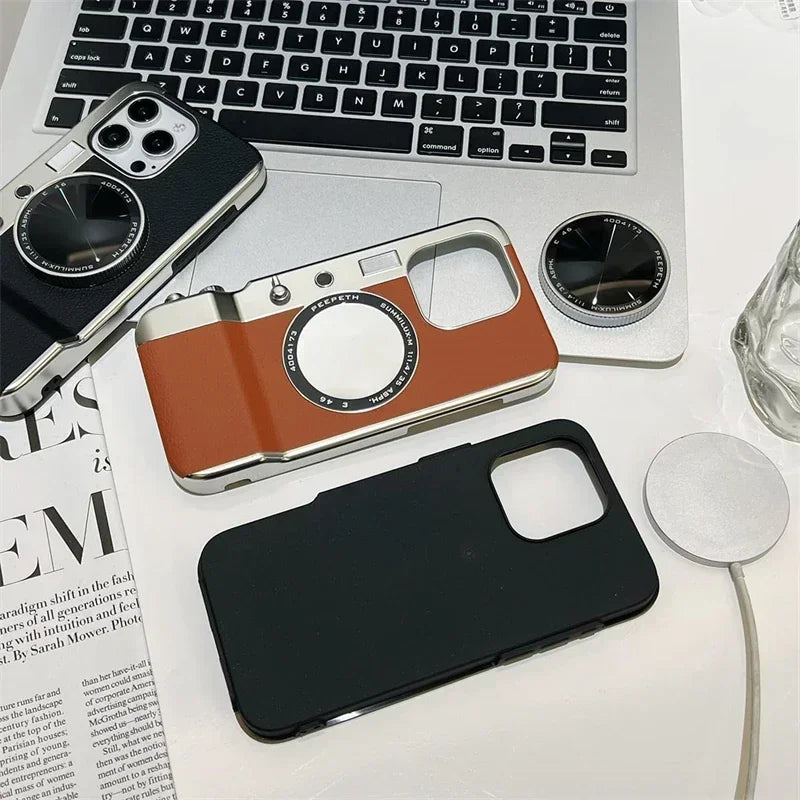 Retro Bluetooth Camera Magnetic Phone Case for Magsafe IPhone 16 15 13 14 12 Pro Max Cosmetic mirror 15 Mirror Hard PC Phone Cover