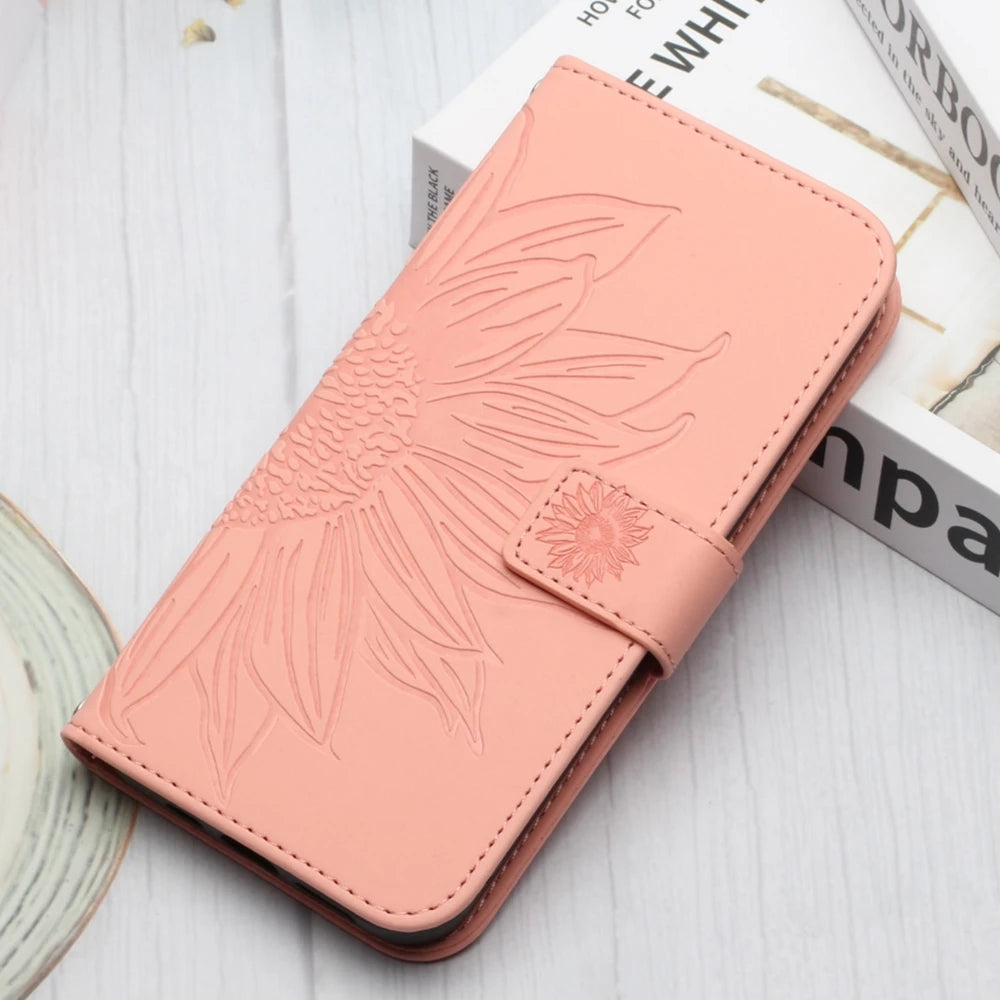 Sunflower Leather Wallet Flip Phone Case for iPhone 16 15 14 13 12 11 Pro Max Plus Mini X XR – Card Holder, Shockproof, Stand, Magnetic Closure