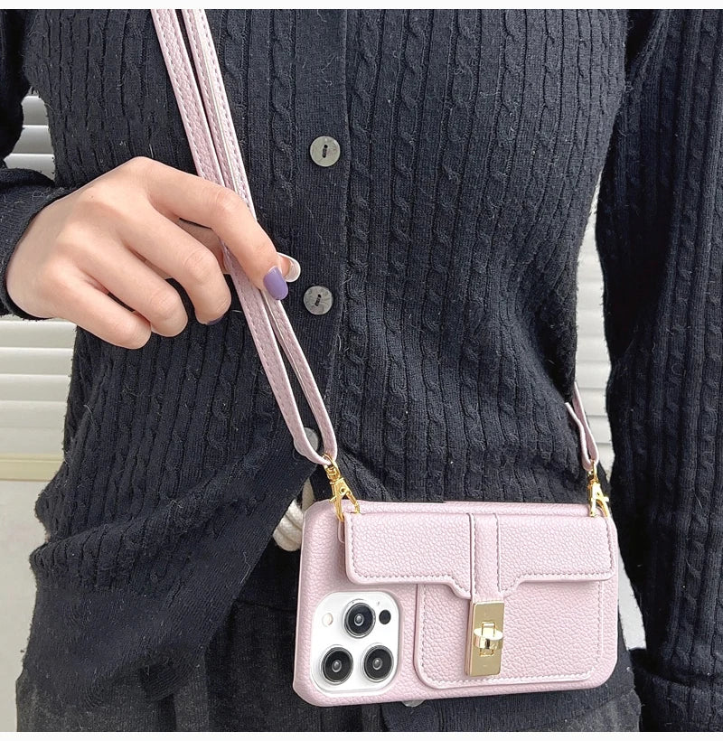 Sweet Multifunctional Lychee Patterned Lock Buckle Long Rope Crossbody Card Bag  Case For iPhone 16 15 14 Plus 13 12 11Pro Max