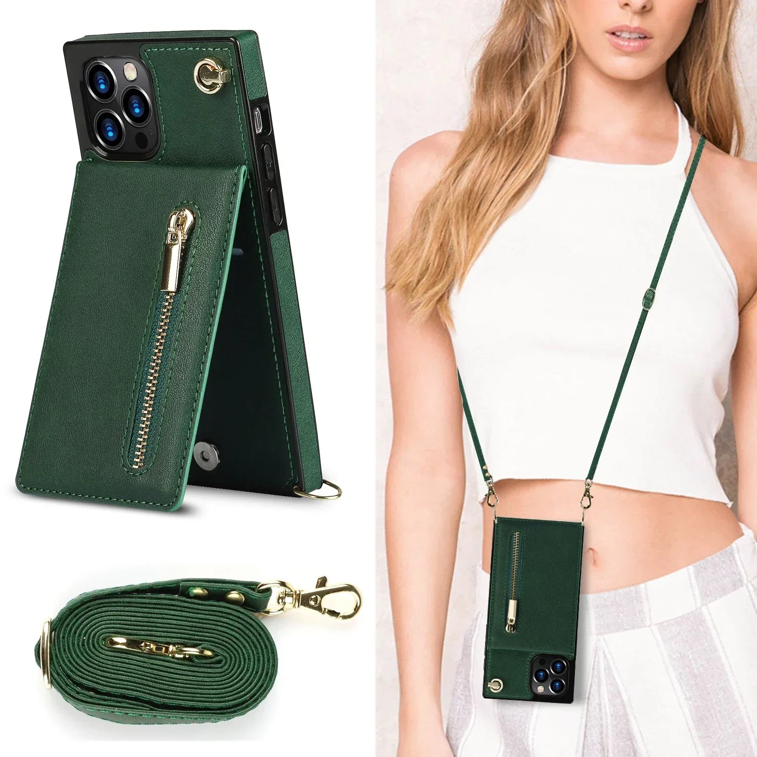 Luxury Crossbody Zipper Wallet Square Phone Case for iPhone with Card Holder Lanyard Strap Leather Cover