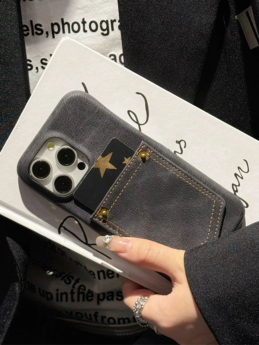 Luxury Denim Leather Card Bag Case For iPhone