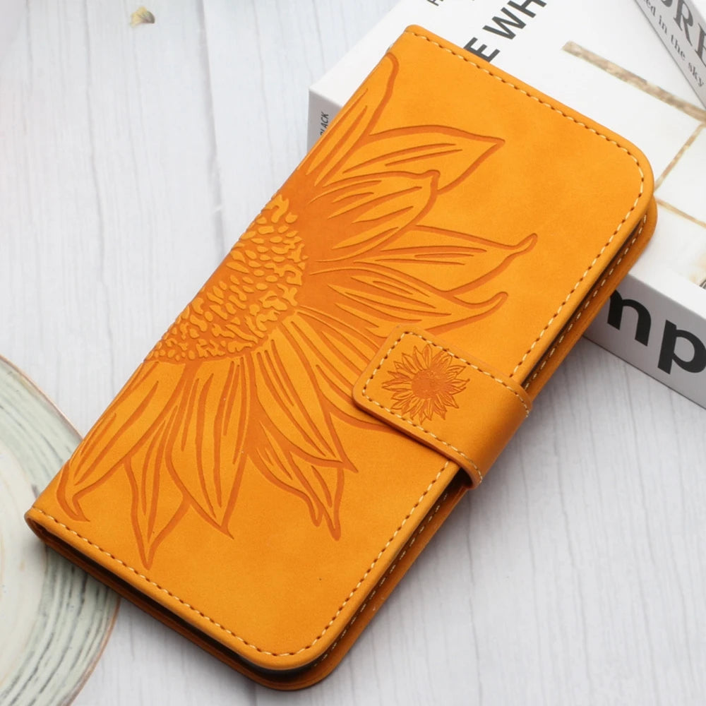 Sunflower Leather Wallet Flip Phone Case for iPhone 16 15 14 13 12 11 Pro Max Plus Mini X XR – Card Holder, Shockproof, Stand, Magnetic Closure