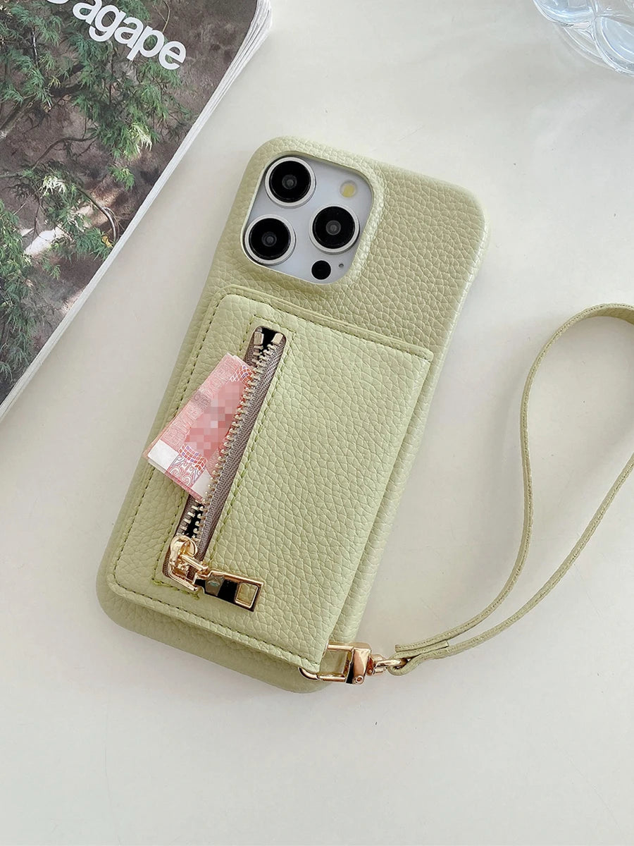 Luxury Lanyard Fold Card Holder PU Leather Case For iPhone Lichee Pattern Mirror Zipper Cover