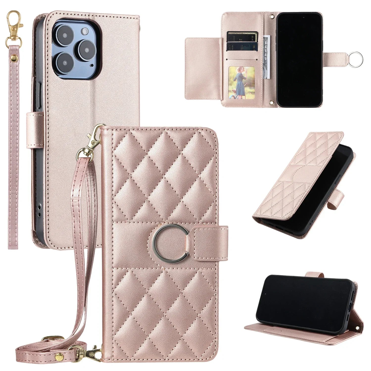 Luxury Crossbody Wallet Phone Case Ring Buckle Premium Leather Cards Slot Case for iPhone 16 15 14 13 12 11 Pro Max Plus