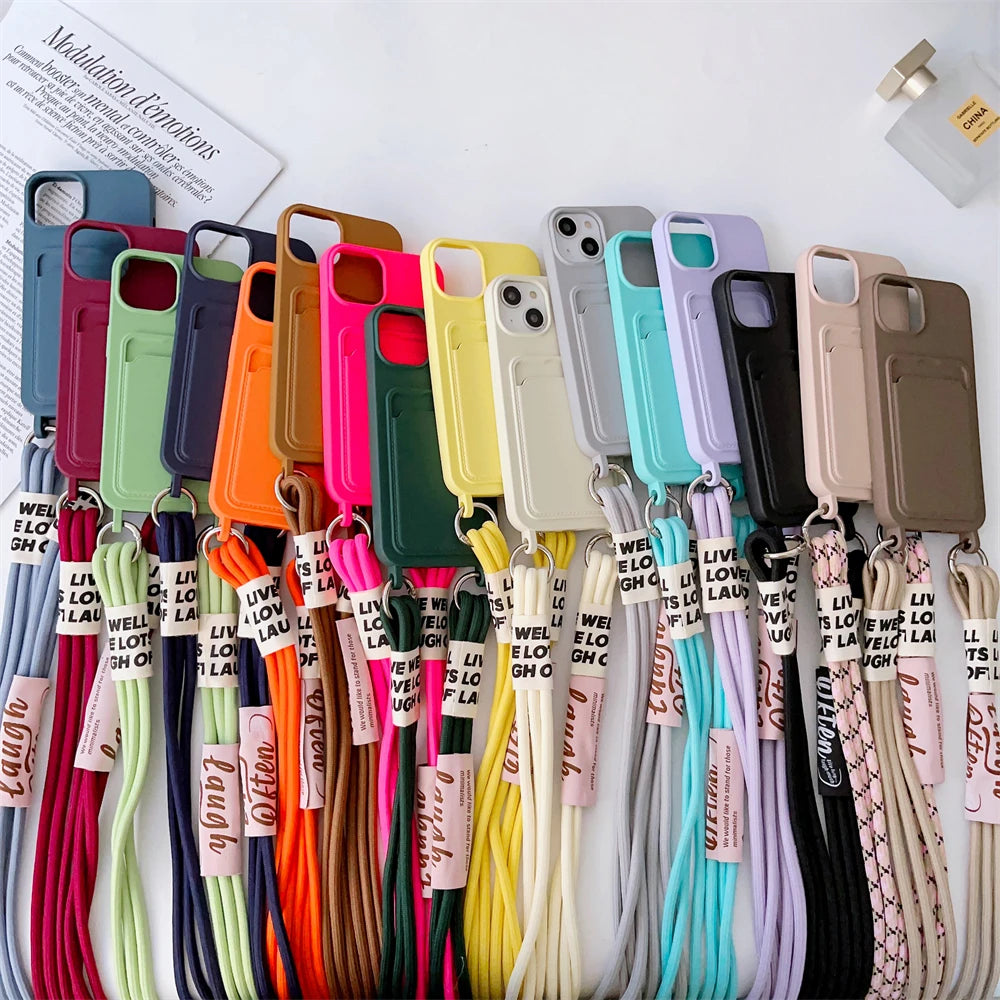 Lanyard Strap Card Holder Candy Soft Silicone Phone Case For iPhone Wallet Cover