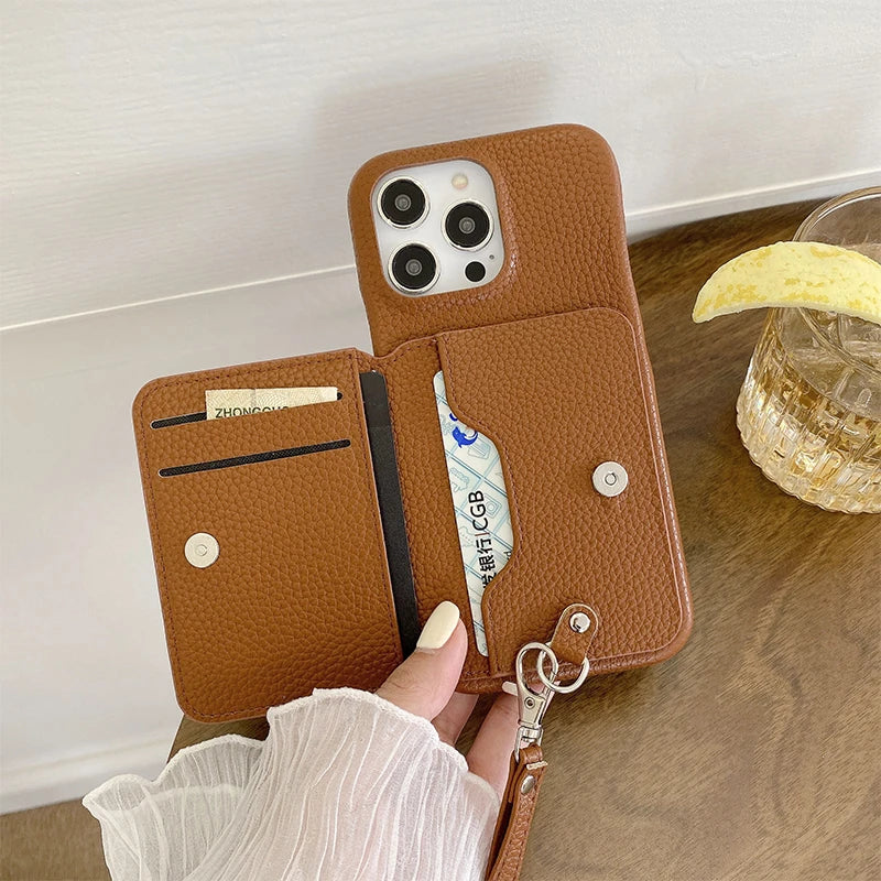 Wrist Strap Wallet Phone Case for iPhone, Luxury Litchi Patterned Shockproof PU Leather Cover