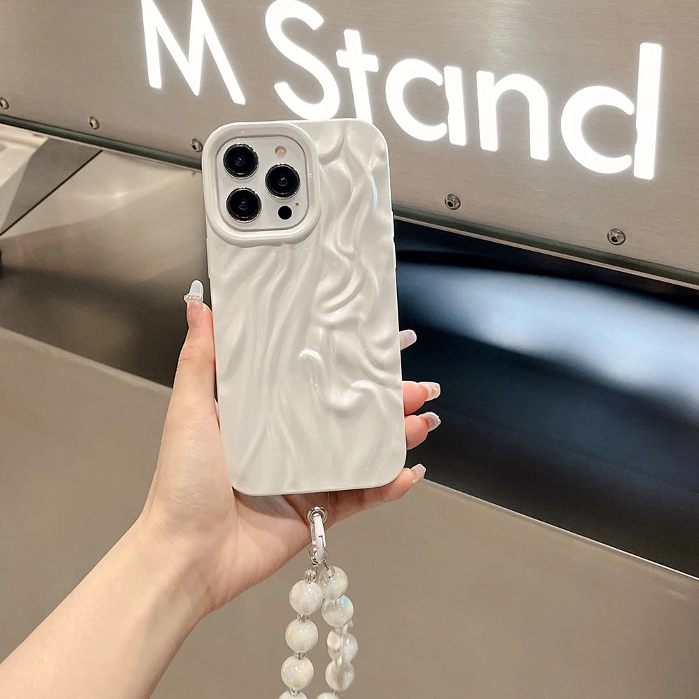 3D Fold Pattern Pearl White Color Phone Case For iPhone 16 15 14 13 12 11 Pro Max Bracelet Soft Shockproof Back Cover