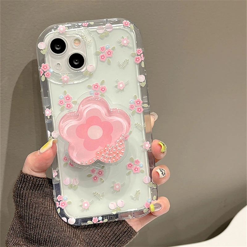 Cute Quicksand Pink Flower Holder Phone Case For iPhone Stand Floral Clear Soft Cover