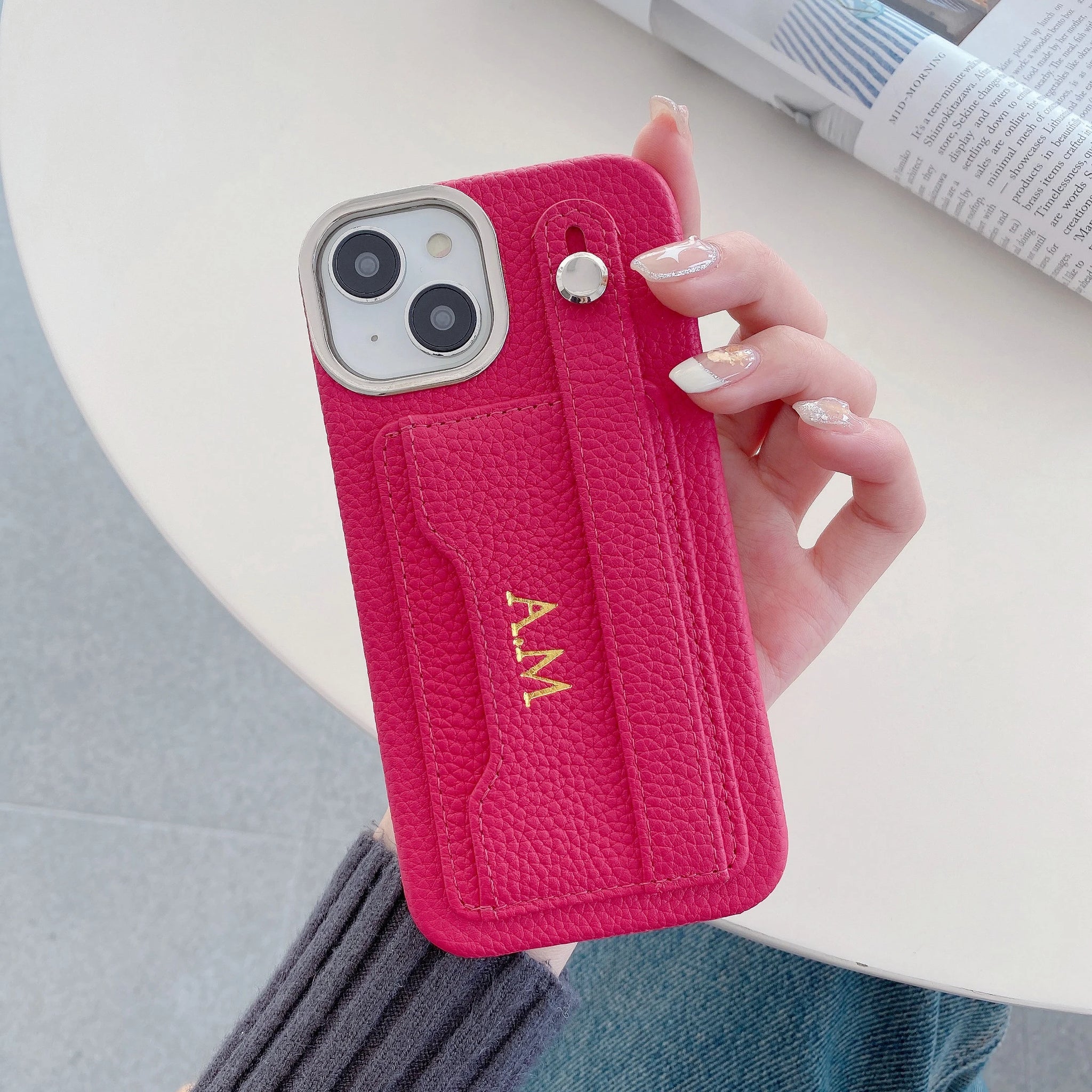 Customized Genuine Engraved Name Letter Leather Phone Case iPhone 15 14 13 12 11Promax Personalized Wristband CardHolder Cover